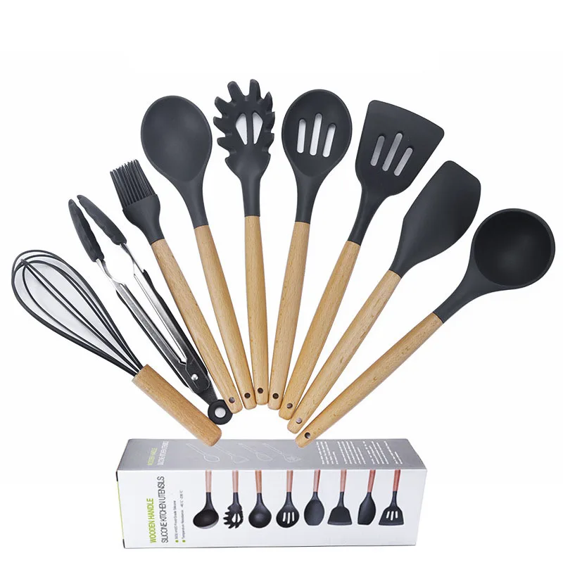 Набор кухонной утвари из 11 предметов с силиконовой деревянной ручкой