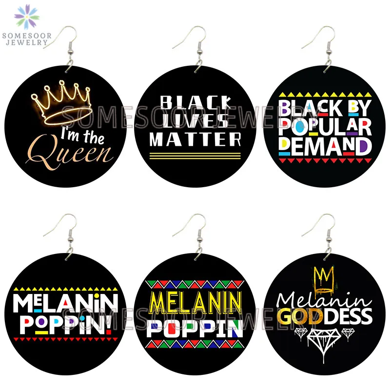 

SOMESOOR Melanin Poppin Goddess Black Popular Demand Wooden Drop Earrings Afro Queen Crown Printed Loops Dangle For Women Gifts