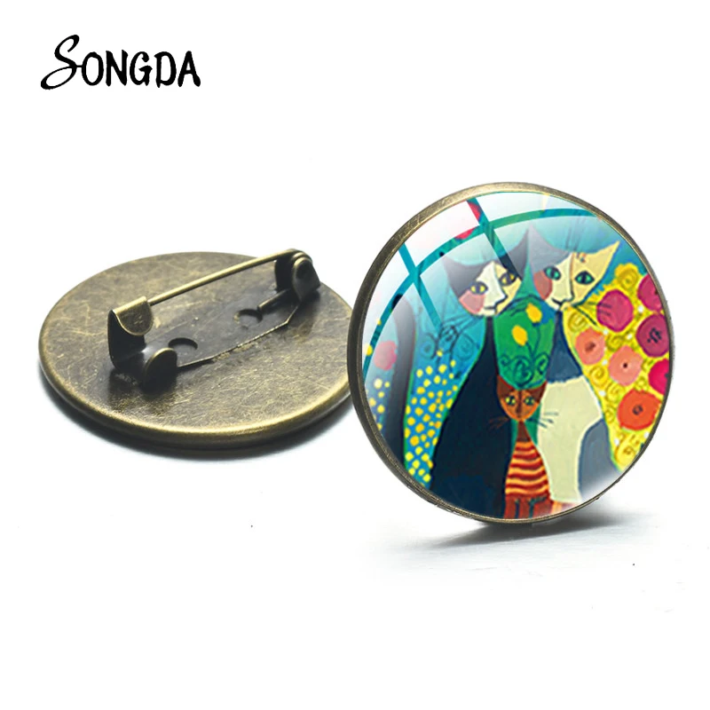 Модная черно белая брошь в виде двух кошек булавка искусство фото стекло кабошон