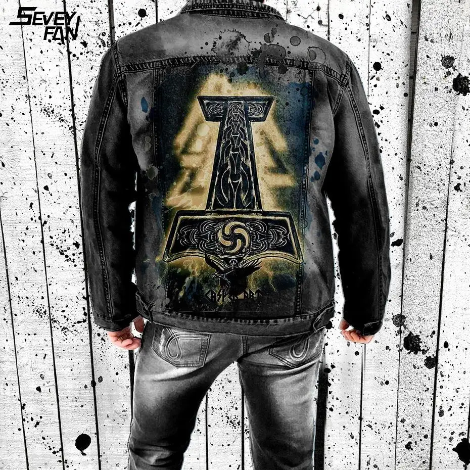 Джинсовая куртка в стиле викингов для мужчин черная модная Облегающая джинсовая