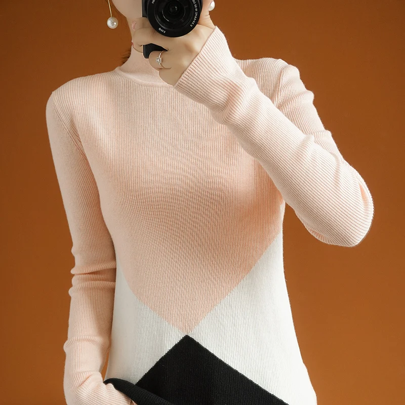 

patchwork women sweater turtleneck full sleeves slim warm real wool sweater jacket knitted top stylish jumpers spring pullover