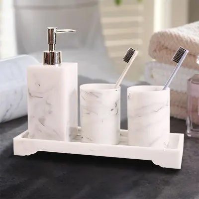 

Nordic Bathroom Set Marble Pattern Resin Washroom Accessories Toothbrush Holder Soap Dispenser Soap Dish Bathroom Tray for Weddi