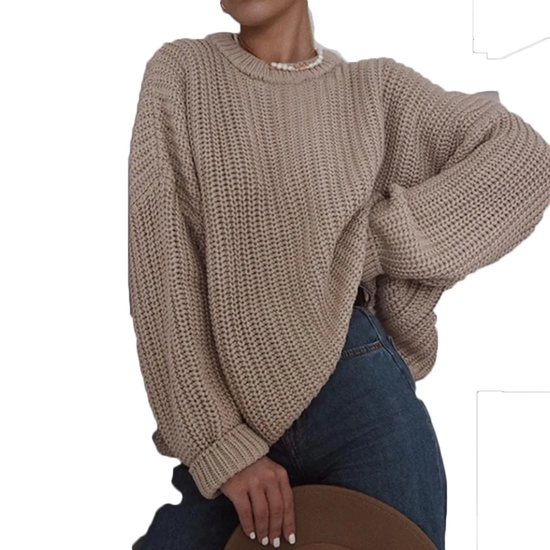 

Pullover Sweater Women 2021 Autumn And Winter New Vintage Round Neck Solid Color Loose Long-Sleeved Fashion Clothes M89