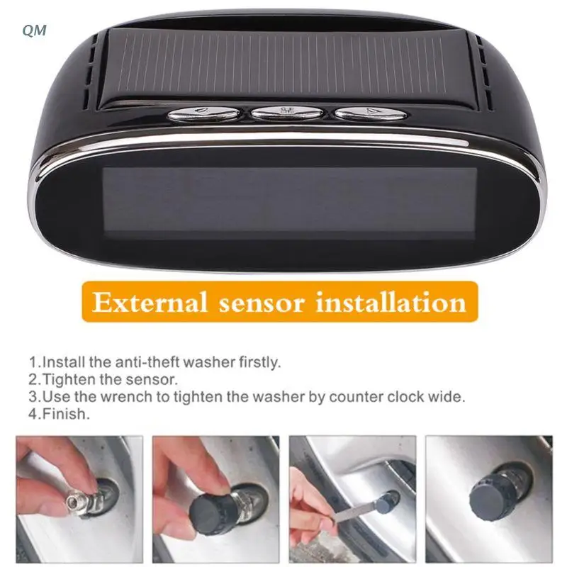 

Solar Power Tire Pressure Monitoring System Wireless TPMS Monitor with 4 External Sensors Adjustable Display Angle 13MF
