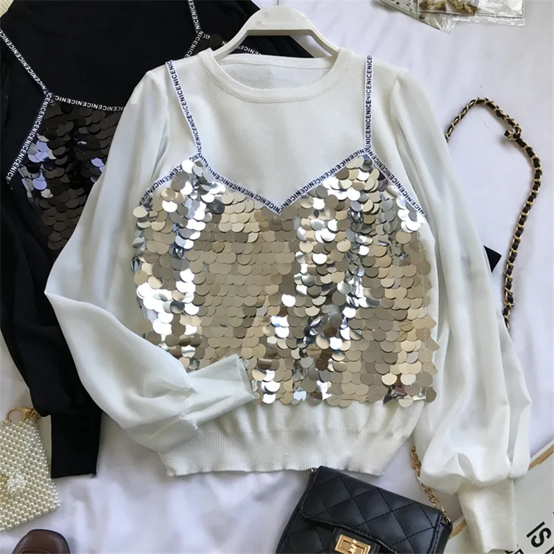 white Neploe поддельные две Piees блестящие блестками Blusas с буквенным принтом грациозная женская блузка Весна Осень Новая Модная элегантная рубашка 69261 - Цвет: white