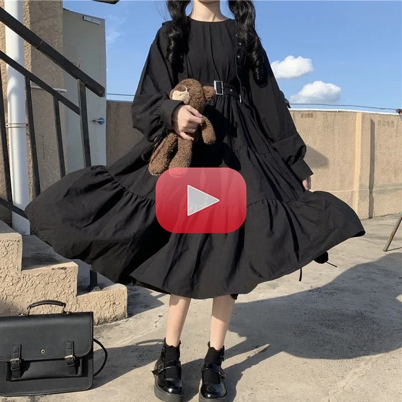 

Gothic Style Dress Women Harajuku Gothic Lolita Kawaii Dress Punk Cute Long Sleeve Black Midi Dress 2021 Emo Mall Goth