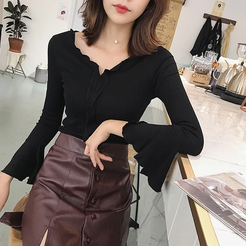 Осенняя шифоновая женская футболка с длинным рукавом и v-образным вырезом