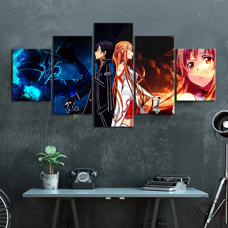 

5 Piece HD Anime Poster Sword Art Onlie Picture Atwork Canvas Paintings Wall Art for Living Room Decor