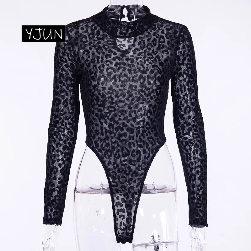 Сексуальное прозрачное леопардовое боди женские топы Осенние облегающие