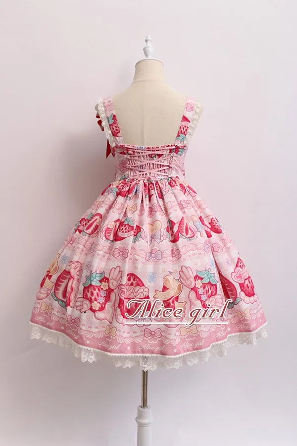 Крем и клубника~ сладкий Лолита печатных JSK платье w. Значок от Alice Girl~ предварительный заказ