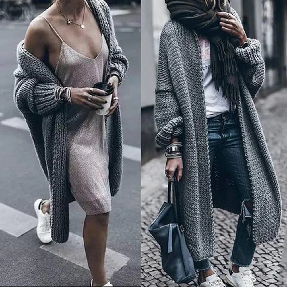 Повседневный зимний женский длинный кардиган вязаный свитер однотонное плотное