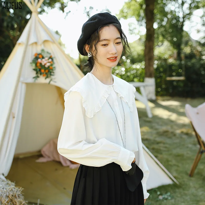 

Осень 2020, новая Корейская версия литературной Ретро однотонной рубашки с кукольным воротником, модная рубашка с длинными рукавами