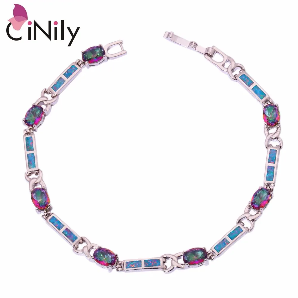 

CiNily Created Rainbow Fire Opal Mystic Stone Silver Plated Wholesale for Women Jewelry Gift Chain Bracelet 7 7/8" OS439