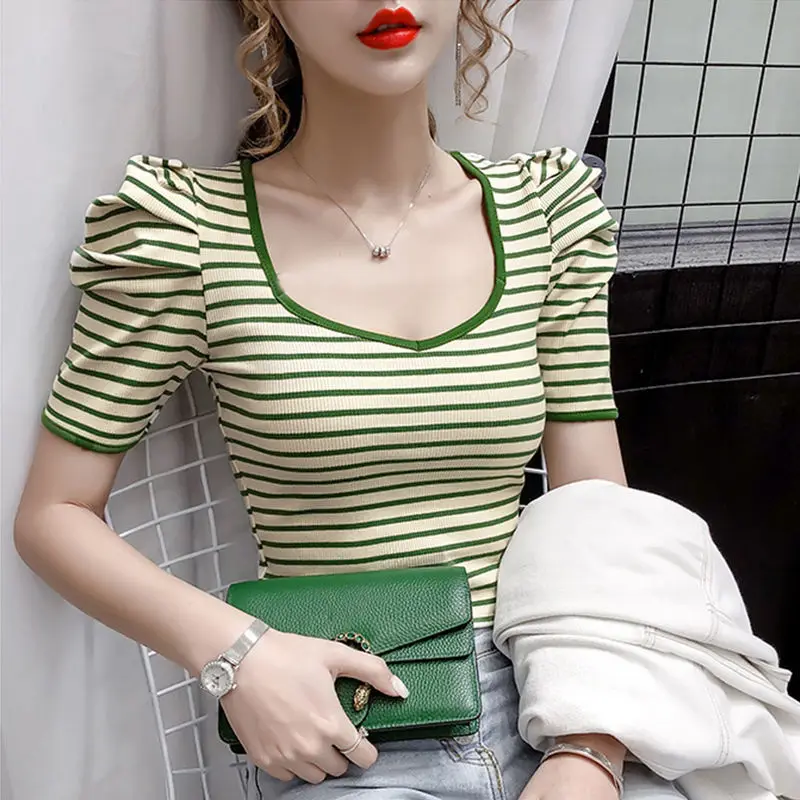 

Bubble Sleeve Square Neck Stripe Short Sleeve T-shirt for Women