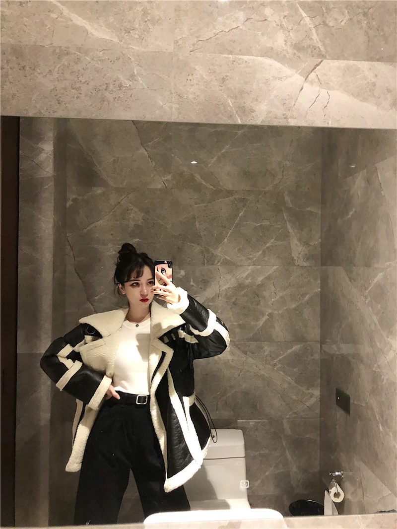 WHITNEY WANG осенне-зимняя модная уличная шерстяная куртка из искусственной кожи с подкладкой женская кожаная куртка в байкерском стиле Толстая парка пальто