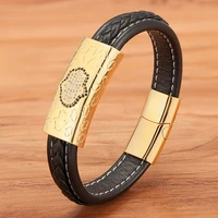 tyo punk style leather men bracelet stainless steel magnetic metal clasp cubic zirconia palm design charm luxury jewelry gift
