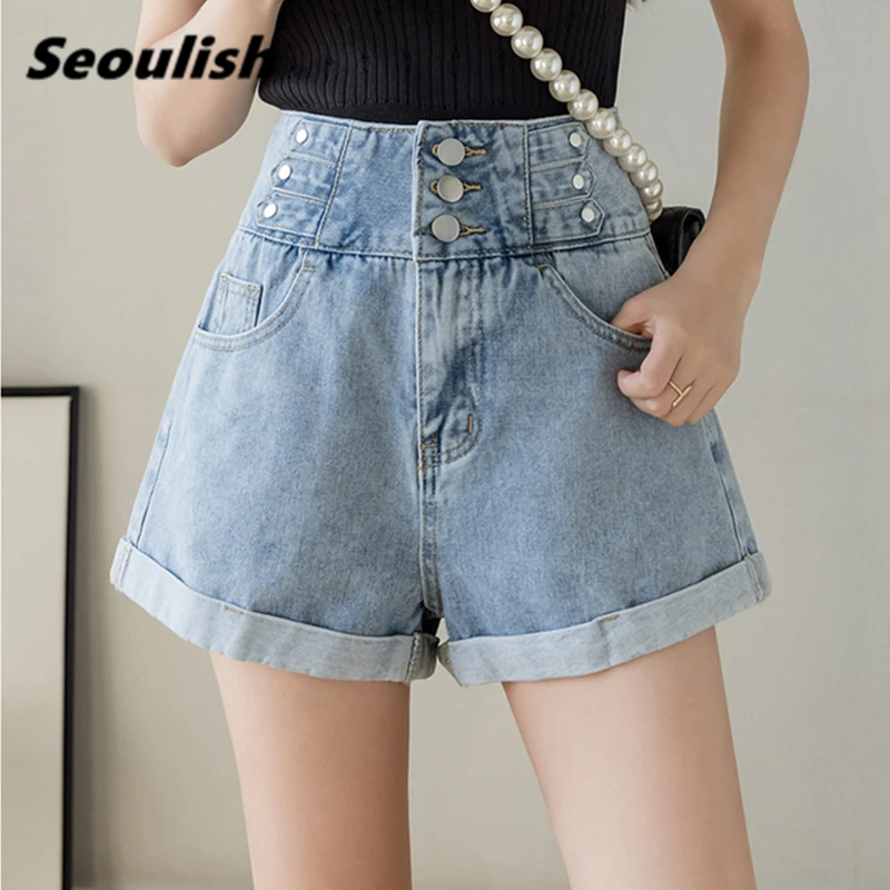 

Seoulish Summer 2021 New Casual Buttons Denim Women's Shorts Mid Waist Wide Leg Shorts Vintage Loose Female Jeans Pocket