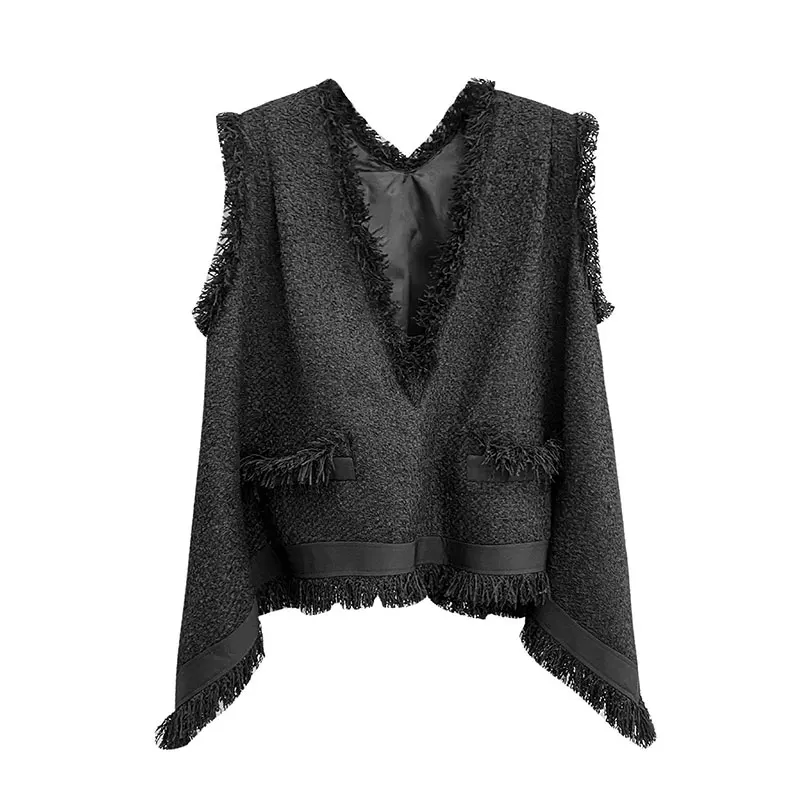 

2021 spring and autumn new loose design irregular hem, no buckle casual fashion black V-neck jacket women