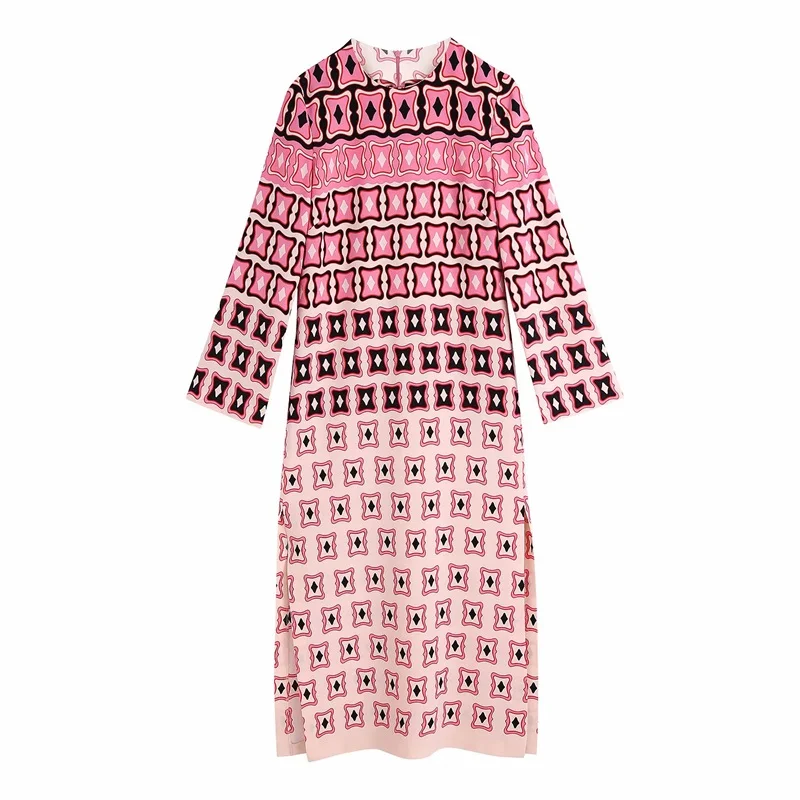 

TRAF для женщин 2021 куртка с модным геометрическим принтом боковые вентиляционные отверстия миди платье в винтажном стиле, с длинным рукавом с...