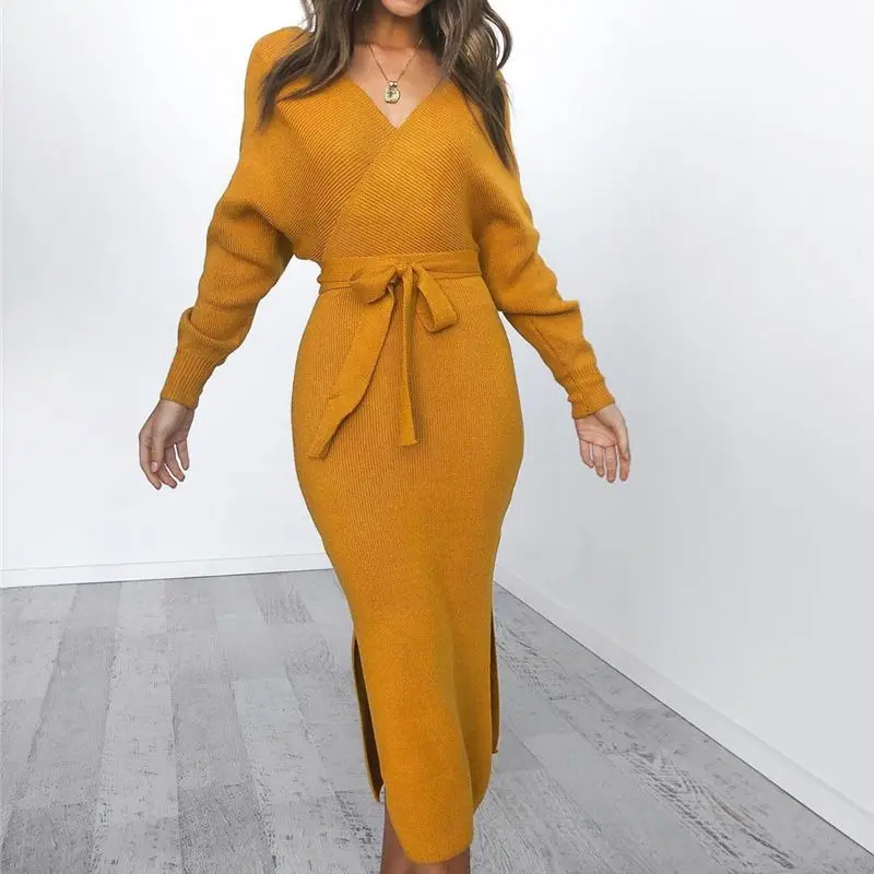 Женское длинное трикотажное платье зимние вечерние платья с длинным рукавом и v
