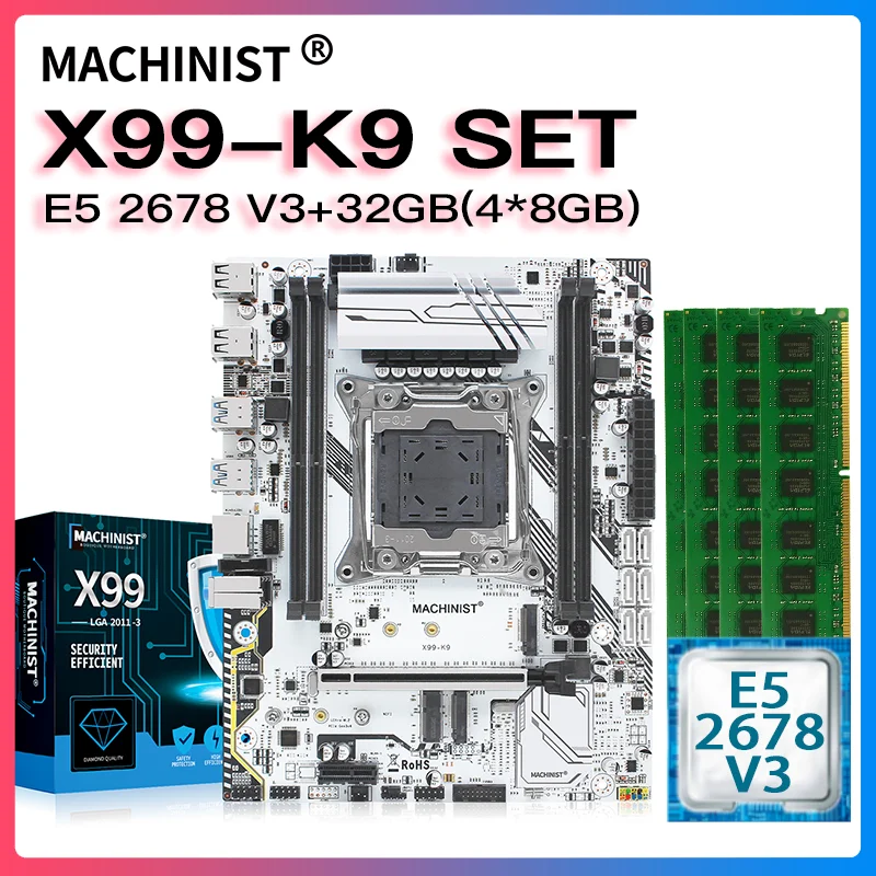 Billig MASCHINIST X99 Motherboard LGA 2011-3 Set Kit Intel Xeon E5 2678 V3 CPU Prozessor DDR4 32G(4*8G) 2666MHZ RAM Speicher X99-K9