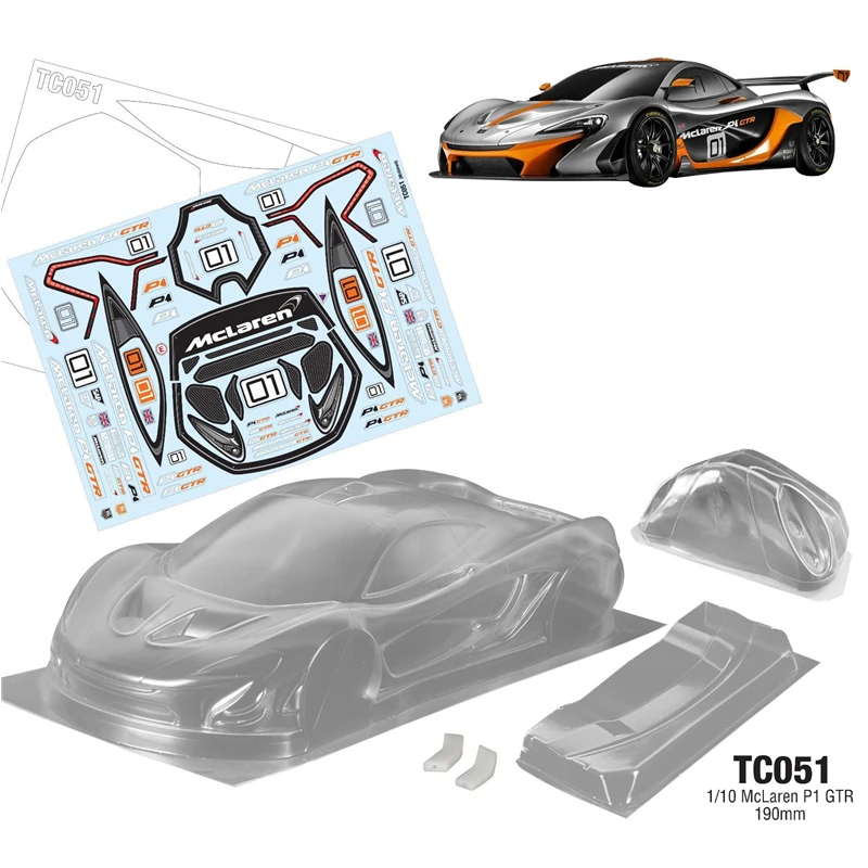 Ракушка для радиоуправляемого автомобиля McLaren P1 GTR прозрачный корпус наклейки