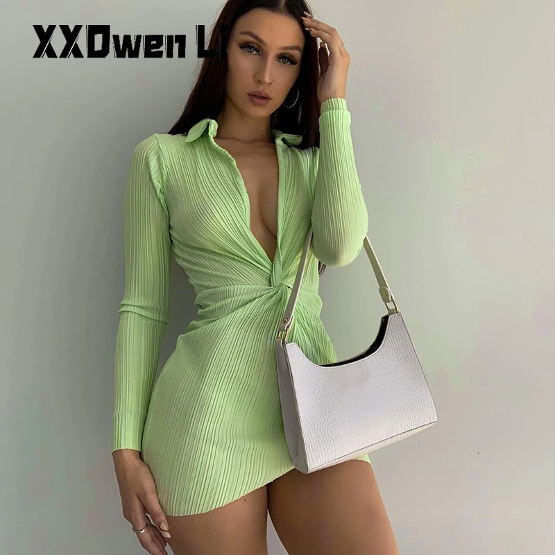 

Autumn Sexy Dreep V Neck Long Sleeve Mini Dresses For Women 2021 Spring Party Dress Bodycon Wrap Ladies Pleated Short Dresses