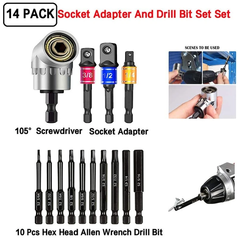 

14PCS Impact Grade Driver Socket Adapter Extension Drill Bit Set,105 Degree Right Angle Screwdriver,Adapter & Drill Bit