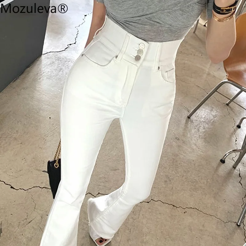 Mozuleva Chic High Waist Button Jeans 2022 Summer Women Skinny Denim Flare Pants Elegant Slim Female White Ladies Pantalon | Женская