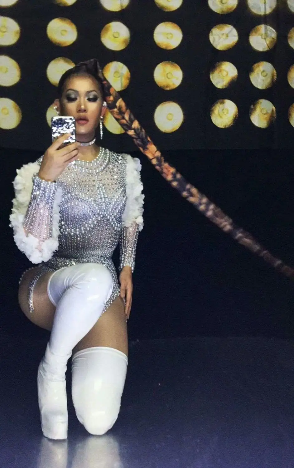 Блестящий Белый боди с цветочным рукавом для женщин певиц танцор яркий костюм