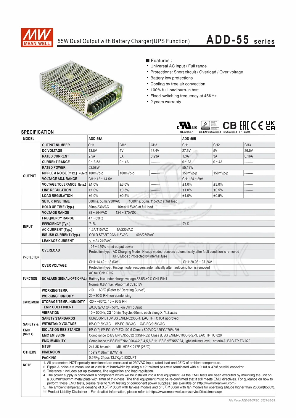 Специальные предложения MEAN WELL ADD-55A meanwell ADD-55 52 58 W Двойной выход с зарядным