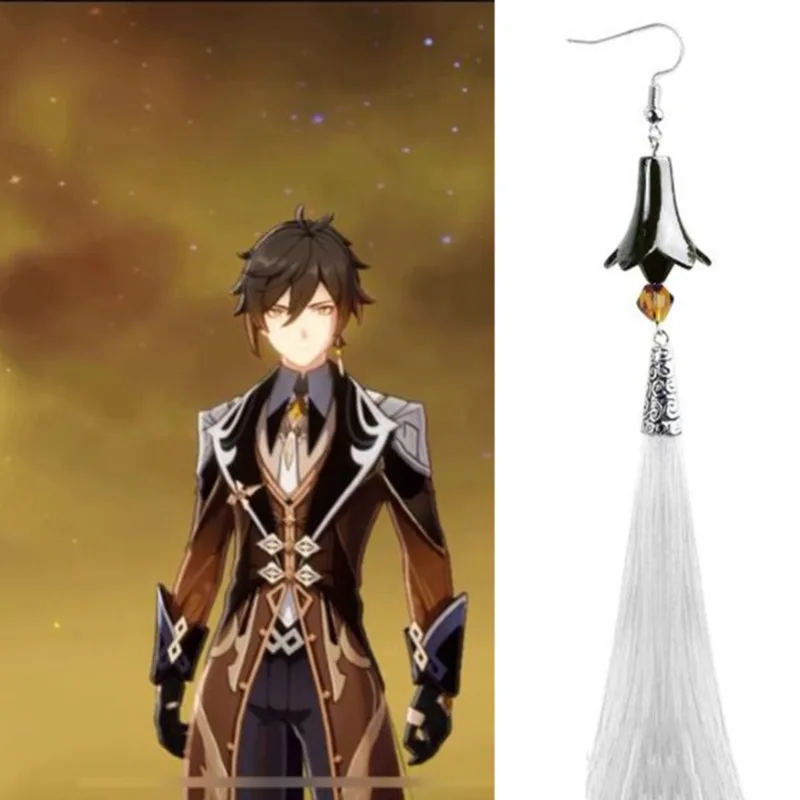

2021 New 1 PC Anime Genshin Impact Earrings Zhongli Long Tassel Ear Clips Tartaglia Eardrop For Women Men Cosplay Jewelry Props