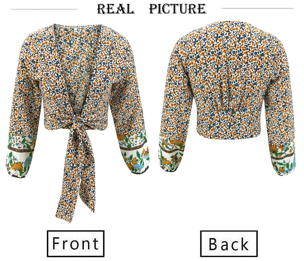 

Sexy Print Bandage Short Cardigan Shirts Women Boho Casual Shirts Back Shrink Design V Neck Long Sleeve Lady Summer Slim Blouses