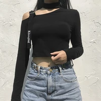 2020 fall spring women inclined shoulder t shirt long sleeve round neck crop top hollow out letter print undershirt base shirt