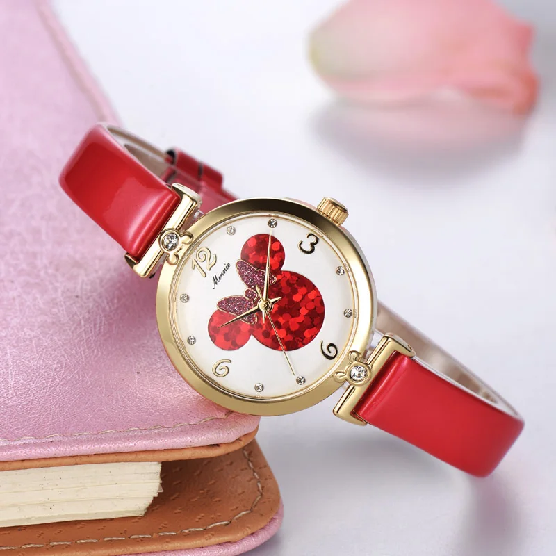 Красивые девушки Минни Маус Роскошные Bling Кристалл кожа кварцевые часы для женщин красивый лук маленький Дисней часы Водонепроницаемость