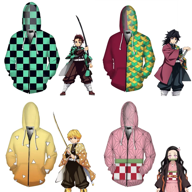 

Demon Slayer Kimetsu no Yaiba Tanjirou Nezuko Zenitsu Tomioka Giyuu Cosplay Hoodie Costume Anime Jacket Coat zipper sweatshirt