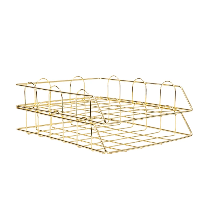 2 tray Yellow Gold Модный креативный Золотой металлический поднос для файлов, органайзер для журналов, настольный набор ручной работы, многослойный органайзер для файлов - Цвет: 2 tray Yellow Gold