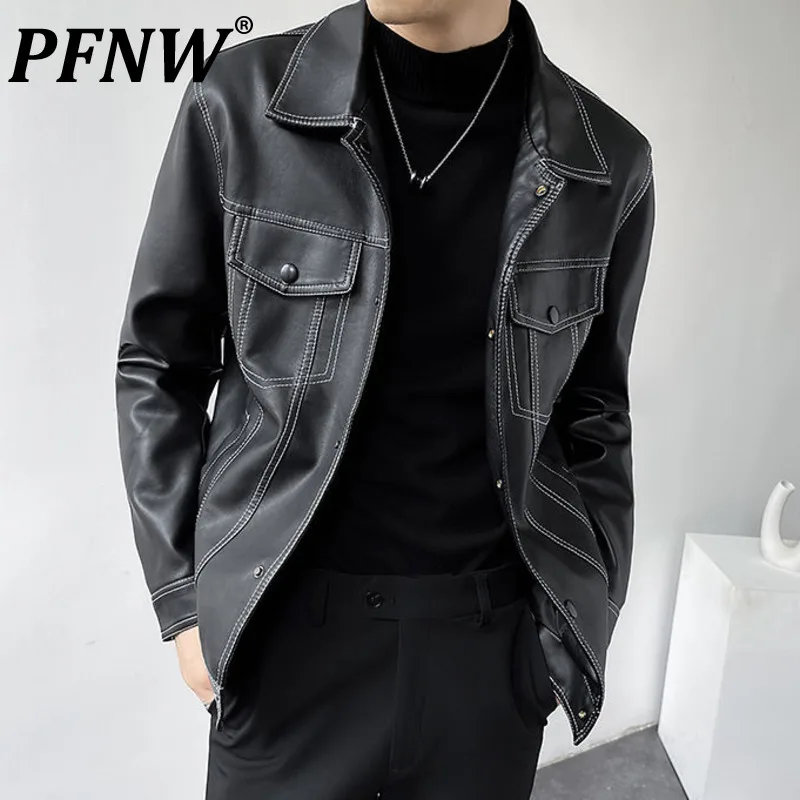 

Модная однобортная куртка PFNW из искусственной кожи с открытой проволокой и украшением, Мужская одежда, новинка, облегающее пальто с лацкана...