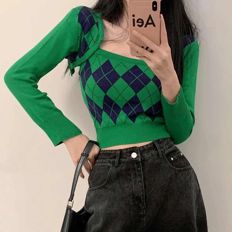

Women 2 in 1 Argyle Strappy Knit Tank & Argyle Super Crop Cardigan Y017