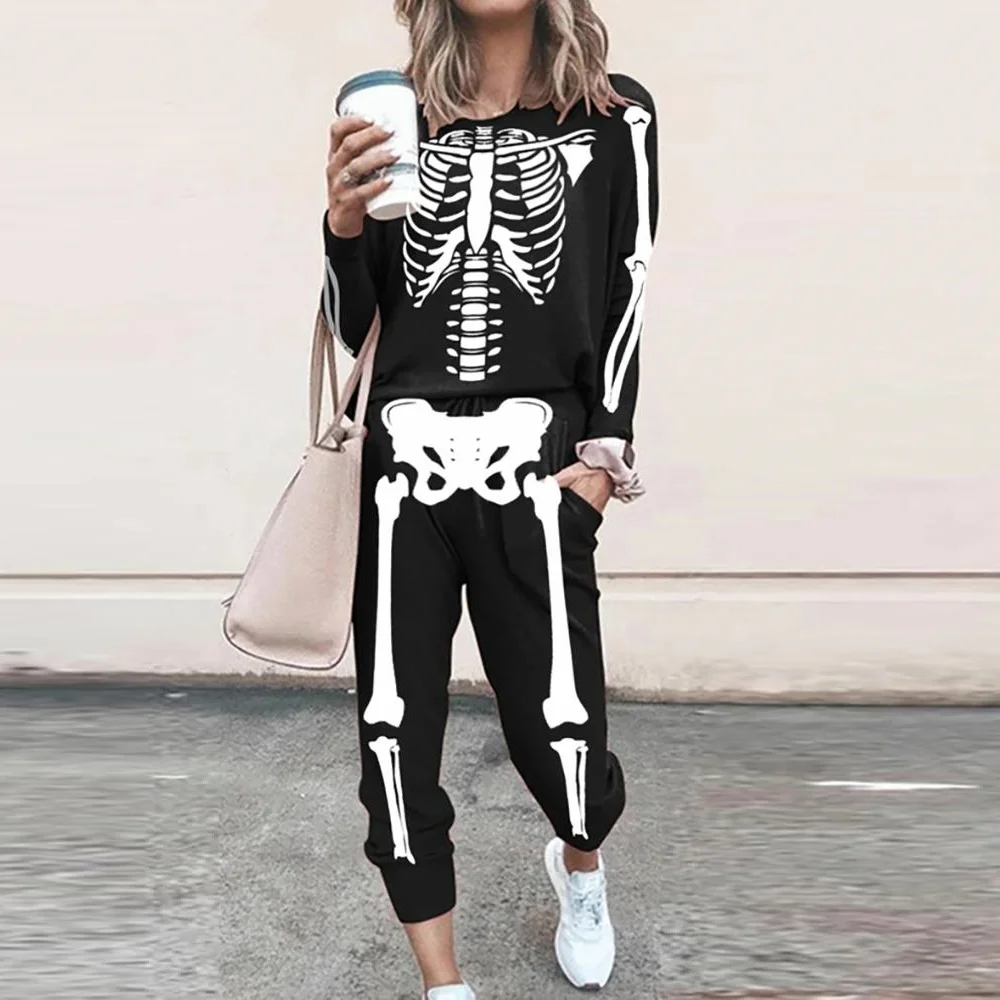 

Chicme Two Piece Set Women Halloween Skeleton Print Long Sleeve Top & Pocket Design 2 Piece Sets Womens Outfits Pant Suits