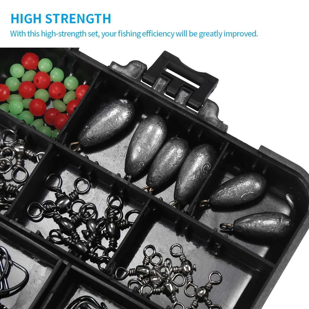 Набор рыболовных принадлежностей из 160 предметов с коробкой для снастей, крючками, грузилами, вертлюгами, стопорами, бусинами и 8-ми словными кольцами.
