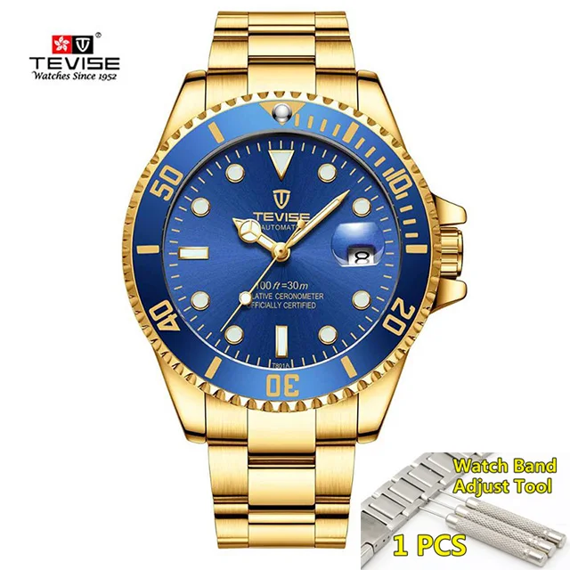 Tevise Top Brand Luxury Men Mechanical Watches Automatic waterproof Stainless Steel Men Wristwatches Relogio Masculino - Цвет: 7-blue-gold