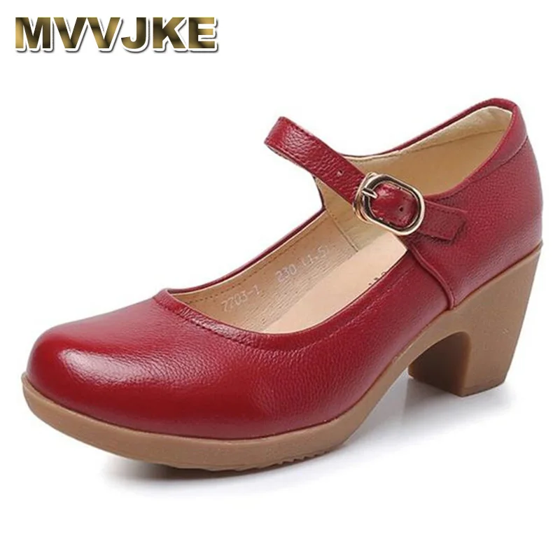 

MVVJKE Genuine Leather Shoes Women Round Toe Pumps Sapato feminino High Heels Shallow Fashion Black Work Shoe Plus Size 33-43