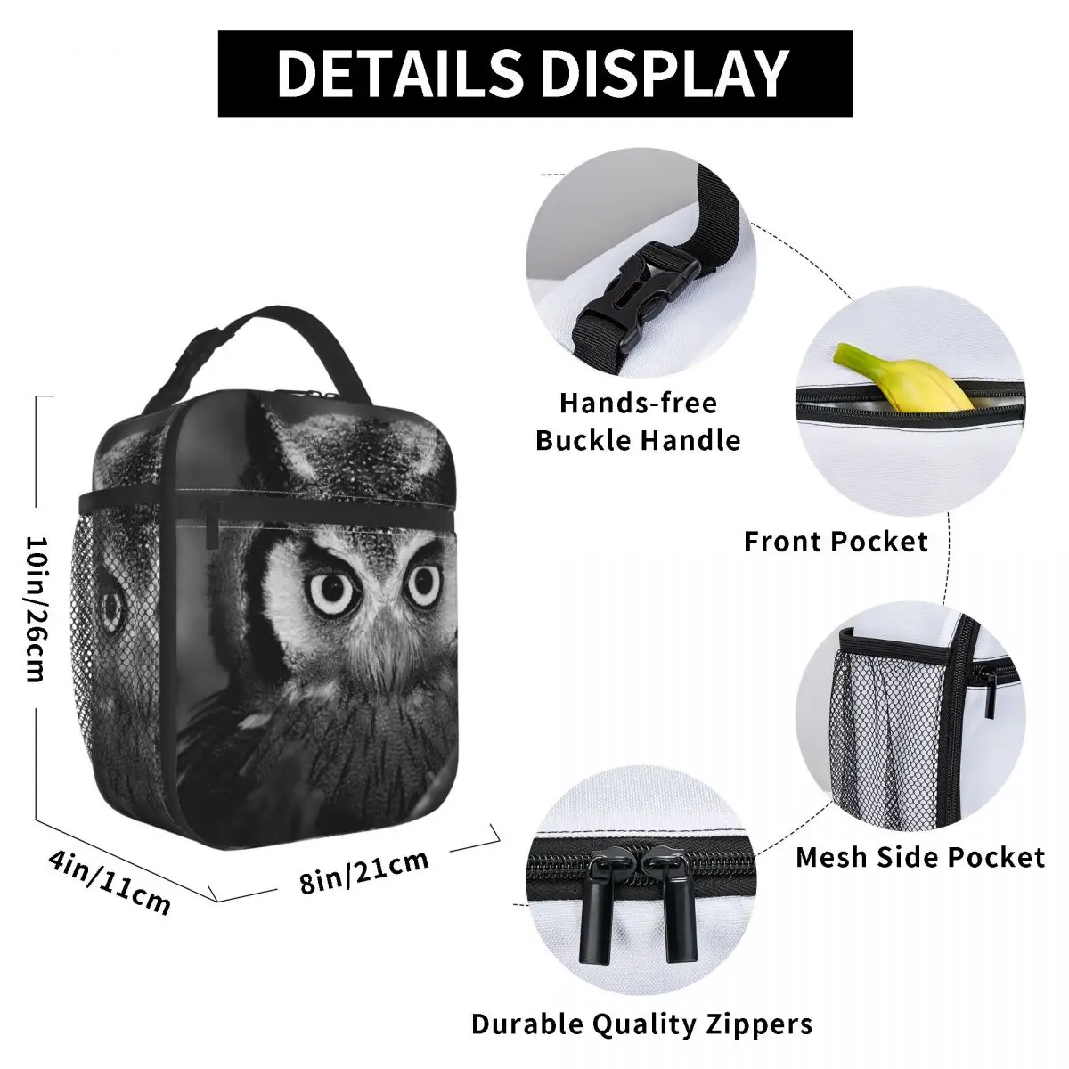

Whitefaced Owl Lunch Bag for Women Men Large Insulated Lunch Box with Water Bottle Holder and Pockets