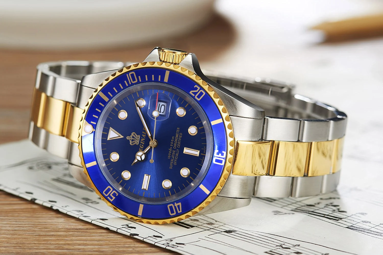 Роскошные Реджинальд часы Для мужчин вращающийся ободок GMT Дата сапфир Золото