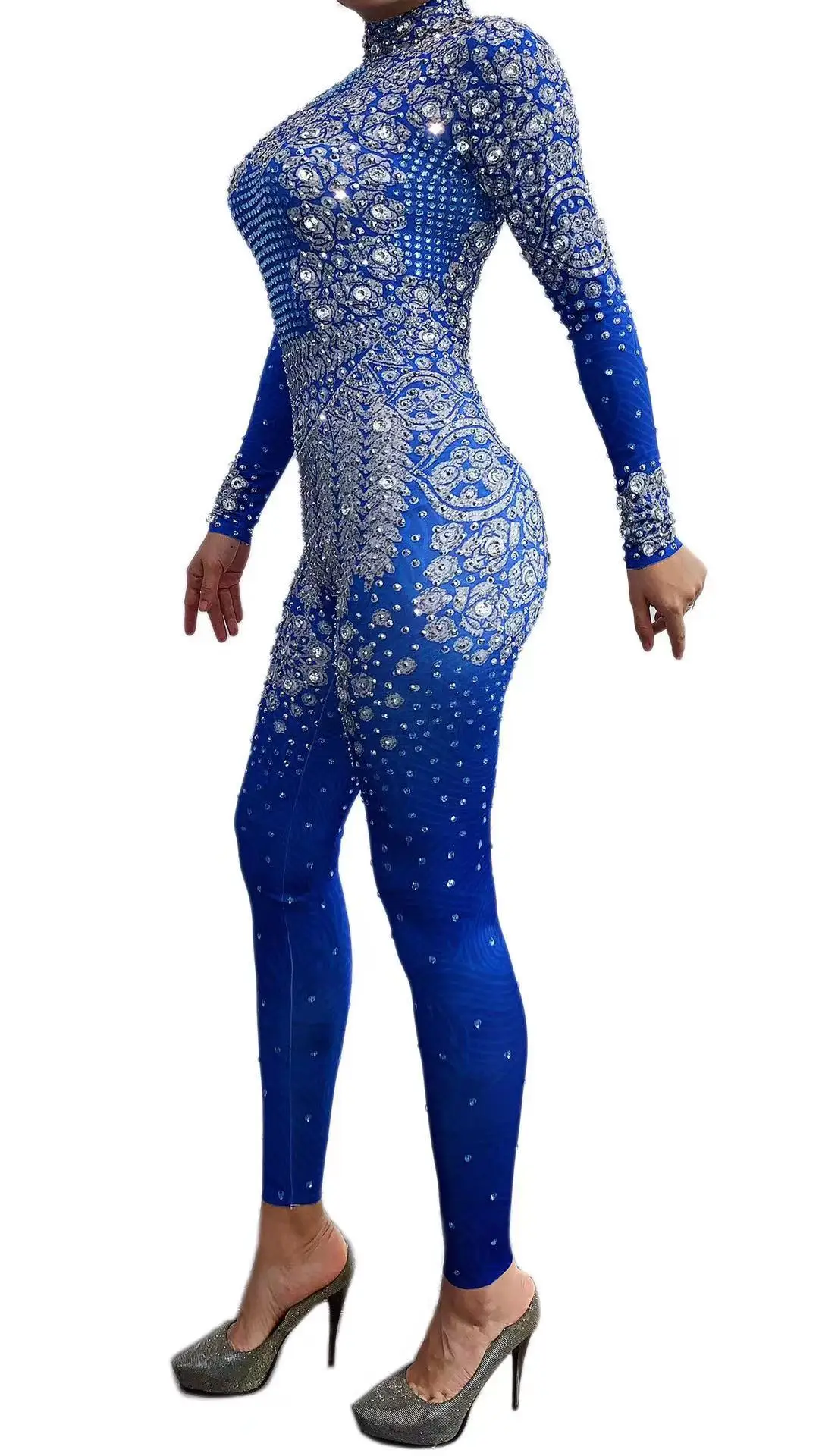 

Sparkly Rhinestones Vintage Blue Long Sleeve Tight Jumpsuit Women Birthday Celebrate Party Crystals Rompers Singer Stage Costume