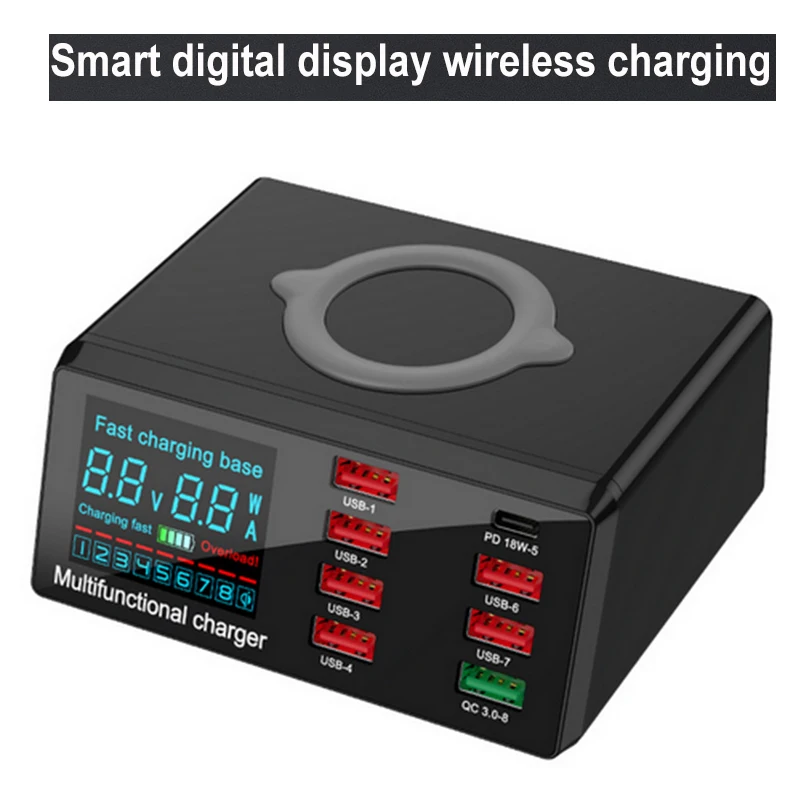 

Многофункциональное быстрое зарядное устройство QC3.0, многопортовое USB-устройство с цифровым дисплеем, напряжение и ток PD/20 Вт, Беспроводная ...