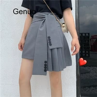 slim irregular a line high waist korea summer sexy solid casual pleated lace up mini grey skirts