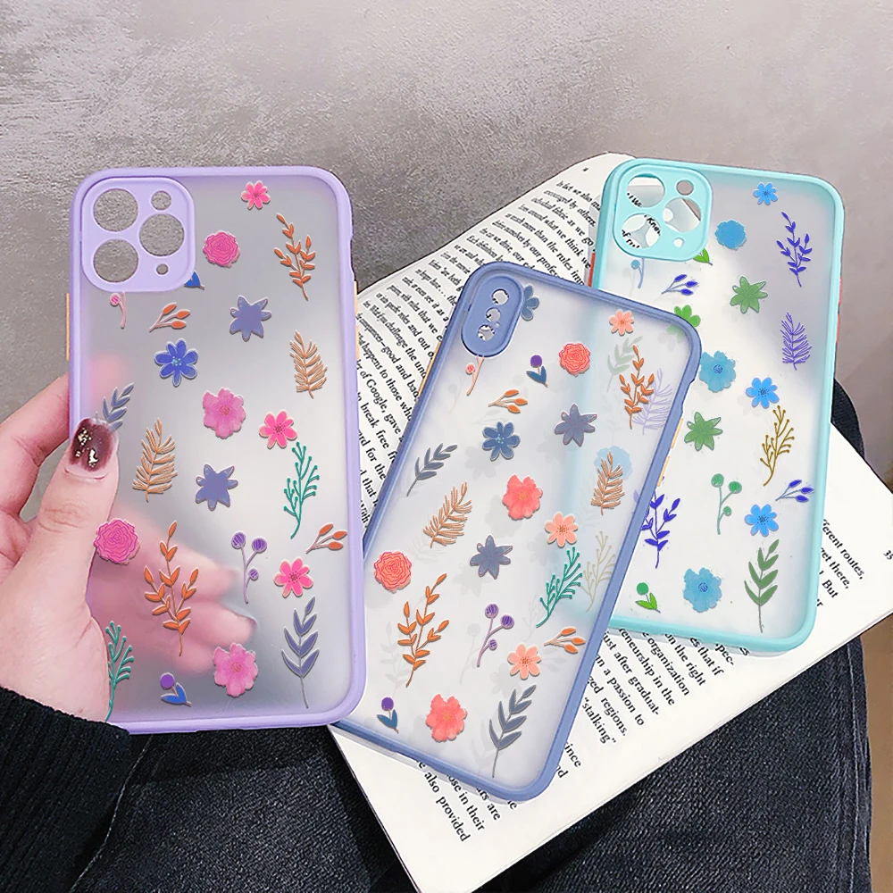 

Iphone 13 12 XS 11 Pro Max Mini 7 8 6 6s Plus SE2020 X XR Protection Purple Pink Gray Blue Cases Flower Leaves Creativity Coque