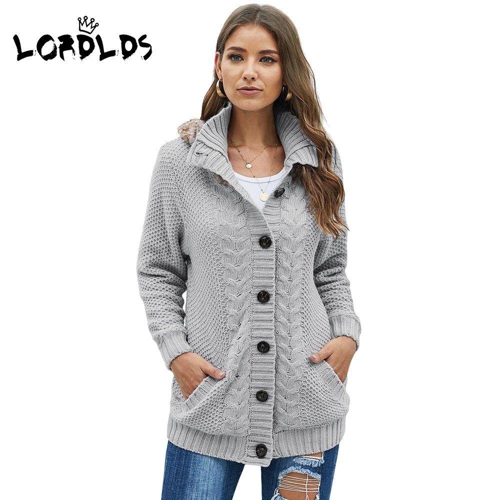 Женский вязаный свитер lordds кардиган с капюшоном и мехом жакет на осень 2019| |